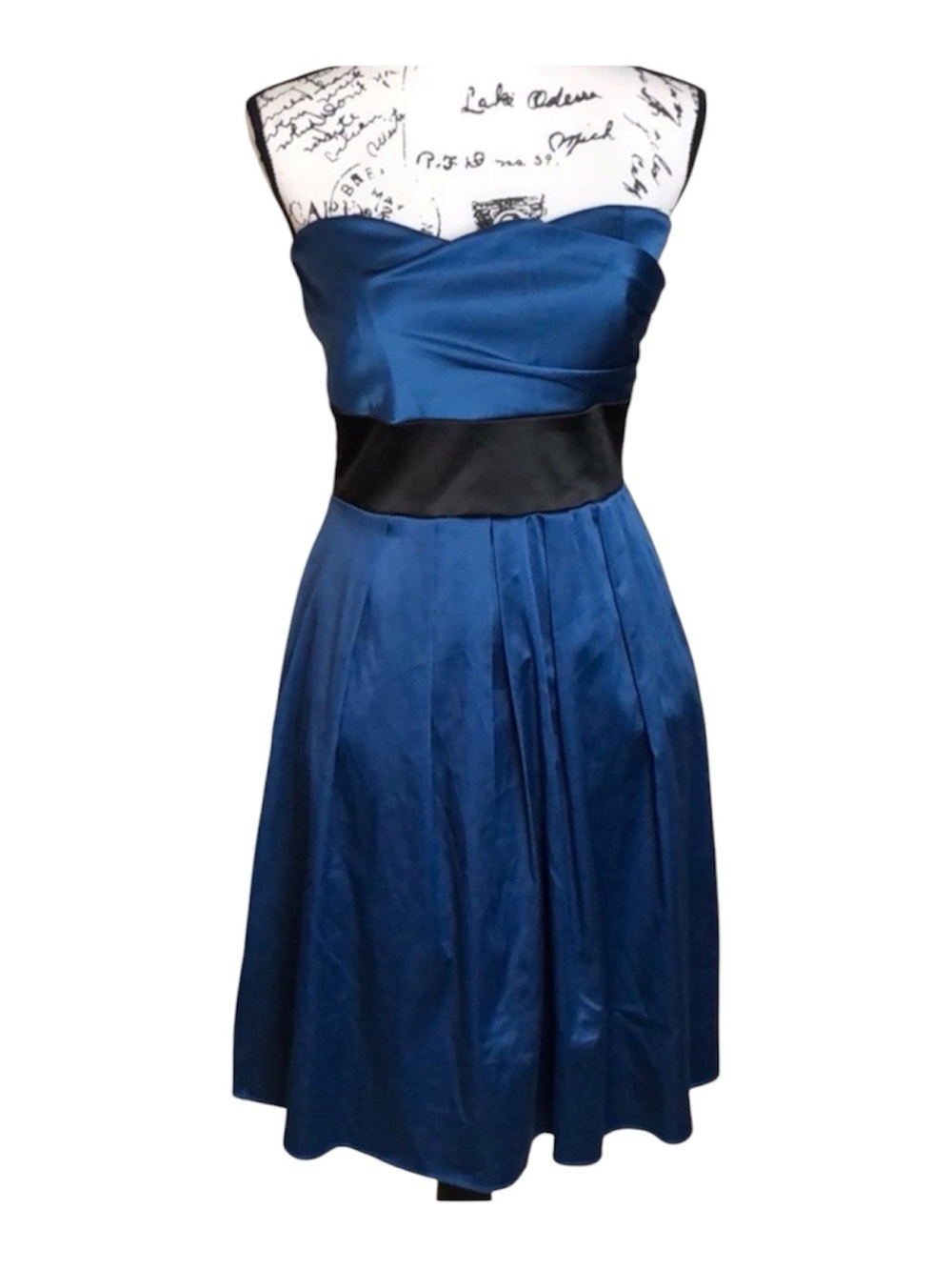 Blue Strapless Dress Satin Black Waist Band Cocktail Party Dress Size 11
